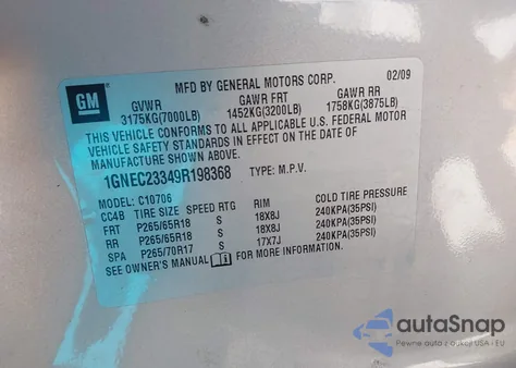 2009 Chevrolet Tahoe Lt1 z USA, uszkodzony, nr VIN 1GNEC23349R198368